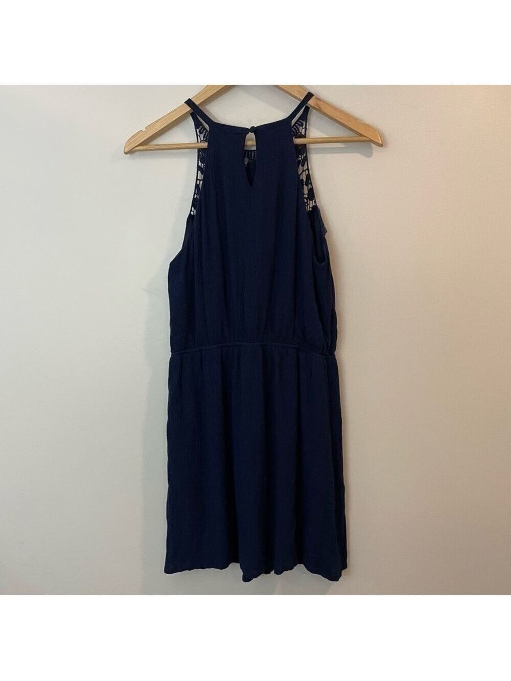 Dex Boho Crochet Mini Dress XS Navy Blue Defined Waist Sleeveless Blouson Short - Picture 5 of 9